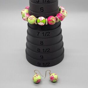 Vibrant Floral Beaded Stretch Bracelet & Dangle Earrings Set 7" Gold-Tone